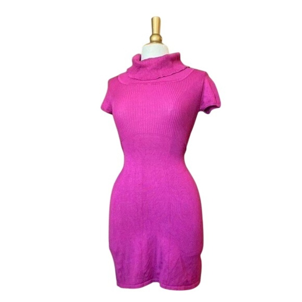 Pink Rose Magenta Ribbed Turtleneck Short Sleeve Bodycon Sweater Dress Y2K Twee